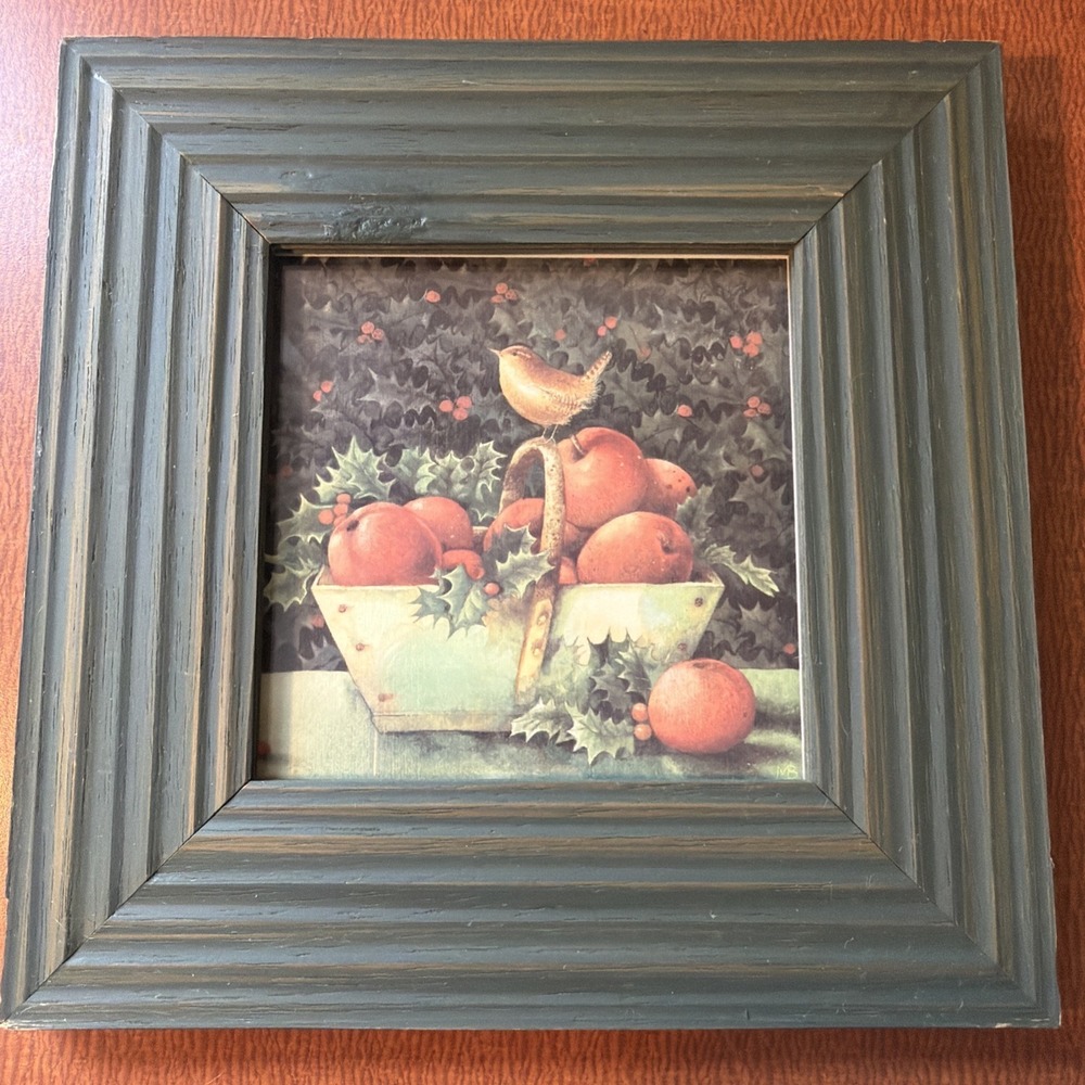 1995 Hallmark‎ Framed Print Bird Holly Apple Basket By Marjolein Bastin
